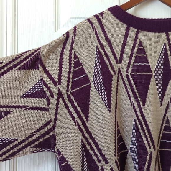 Aspetuck Trading Co. 90's Vintage Funky Knit Crewneck Sweater Taupe Purple XL - Picture 3 of 12
